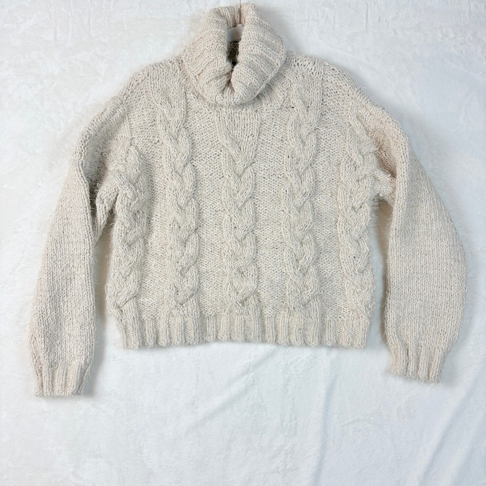 POL Cable Knit Turtleneck‎ Sweater Womens Cream Good Oversized Chunky Distressed